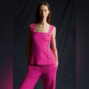Adam Lippes Fall 2022 hot pink wool crepe top with ornamental pearl buttons